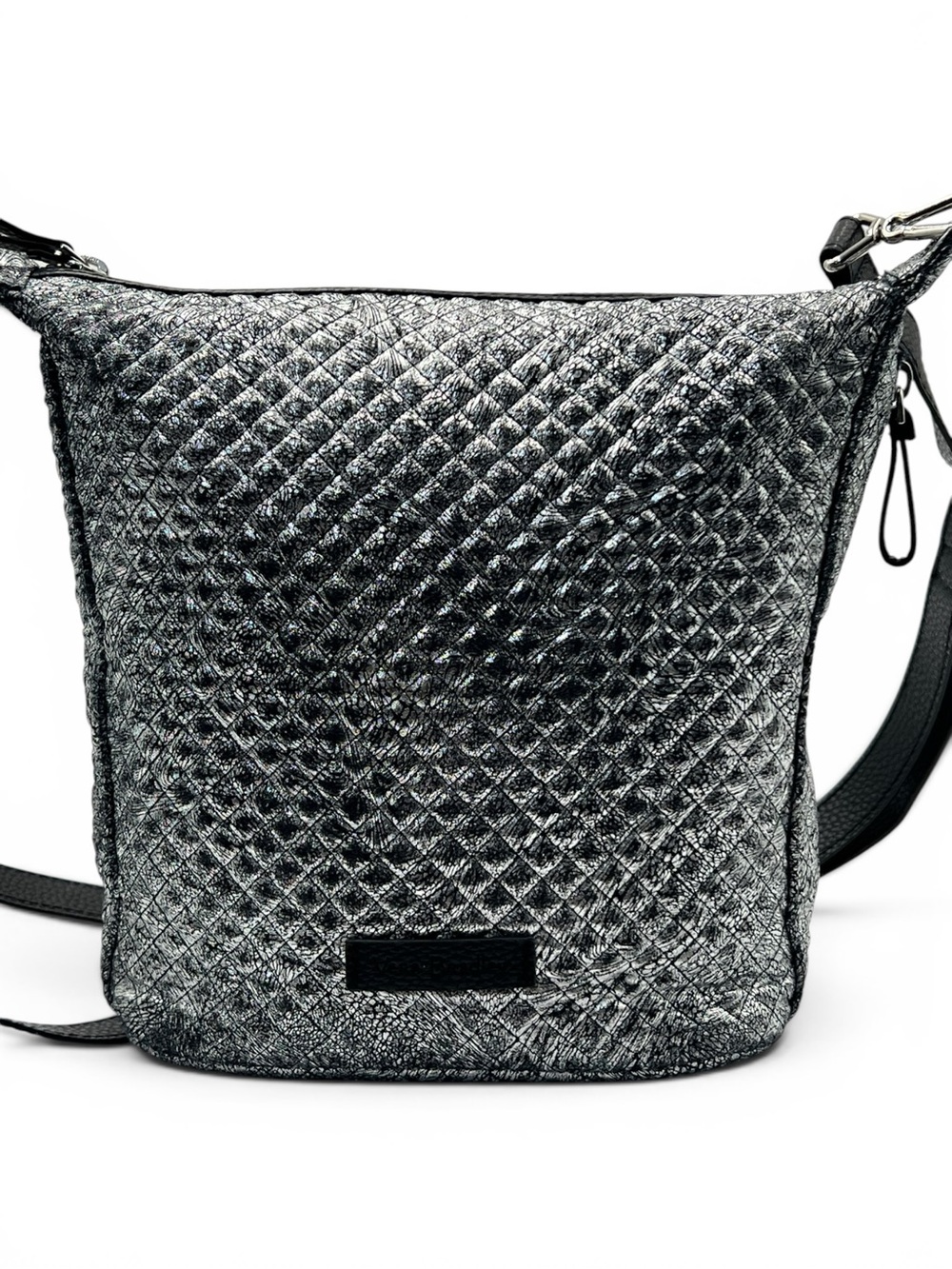Vera BradleyCarson Silver Black Metallic Quilted Crossbody Hobo Bucket Bag Purse - Picture 1 of 10